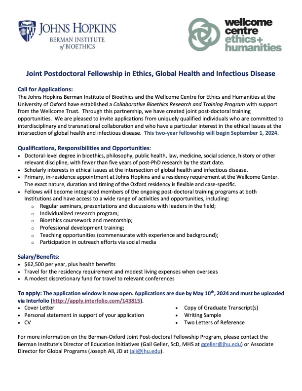 Doing work at the intersection of ethics, policy, politics, and global health? Apply for the Joint Postdoctoral Fellowship in Ethics, Global Health and Infectious Disease at Oxford and Hopkins! apply.interfolio.com/143815 A wonderful community, lots of resources, & great people.