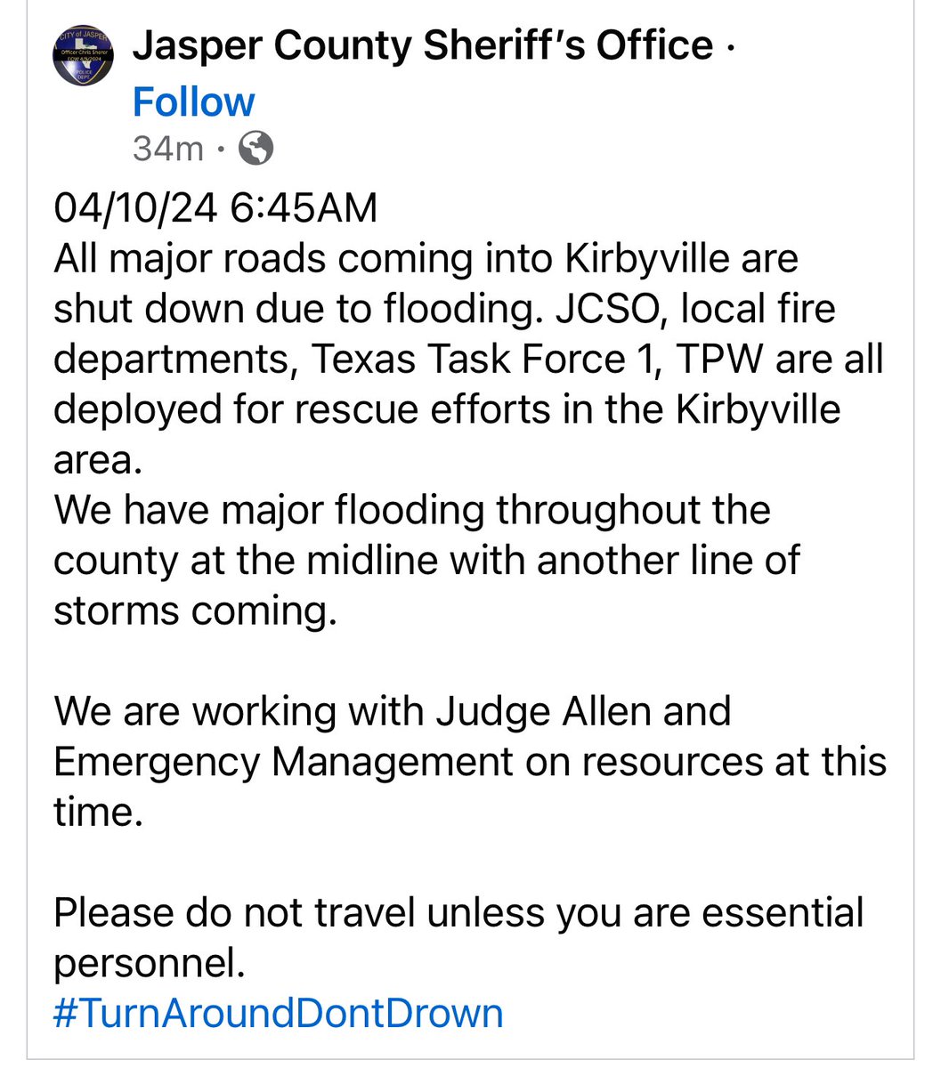 ATTN KIRBYVILLE 🚨 Please see the below post from the Jasper County Sheriff’s Office concerning flooding on all major roads coming into Kirbyville. My team and I have been in contact with @TDEM this morning to receive updates. TDEM has activated nearby boat squads and emergency…