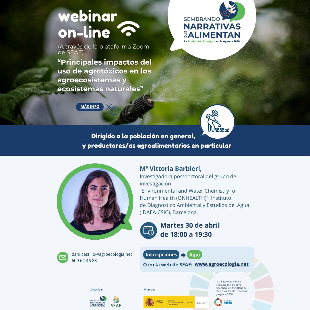 'Principales impactos del uso de #agrotóxicos en los agroecosistemas y ecosistemas naturales' 💻 WEBINAR con Mª Vittoria Barbieri (@IDAEA_CSIC) ¡abierto al 🌏 entero! 📆 martes 30 de abril, 18 h. INSCRIPCIONES ⤵️ agroecologia.net/evento/webinar…