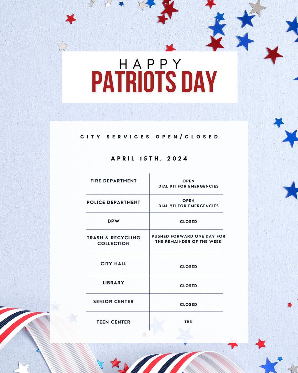Please take note of our adjusted hours during Patriots Day: Adjusted Hours: Some City services will follow a modified schedule. For detailed hours for all services and departments, please see the attached grid.