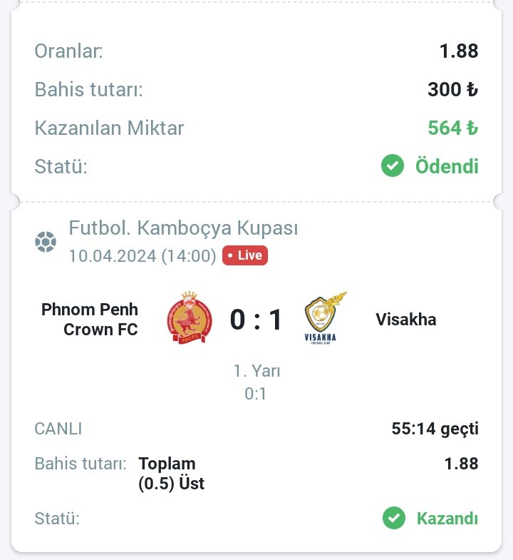 KAZANDI ✅ 

🌑 KAMBOÇYA KUPASI 
🥅 Phnom Penh - Visakha
⚽ İlk yarı toplam gol - ( 0.5 üst )
💰 1.88
💸 300 TL > 564 TL
