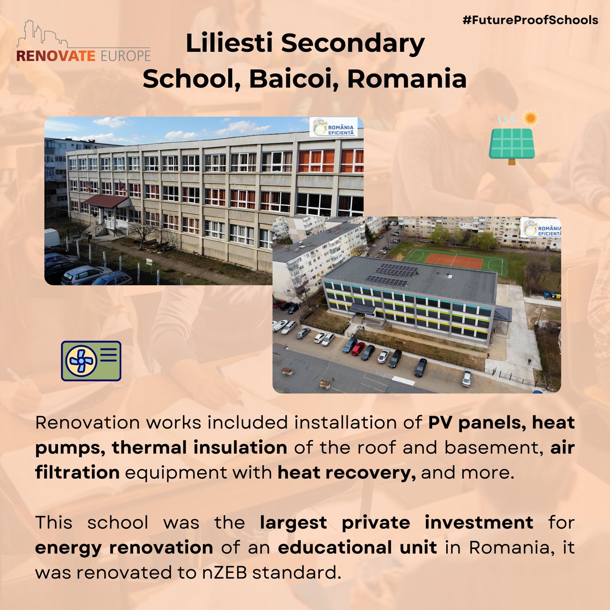 📢Finance school renovations now 🏫Our ask for incoming MEPs? Energy renovate all schools in Europe by 2035 👩‍🎓👨‍🏫Best practice examples of the week: 2 Romania Eficienta projects (PS @adrian_joyce is at their Bucharest event next week) #acceleraterenovation #futureproofschools