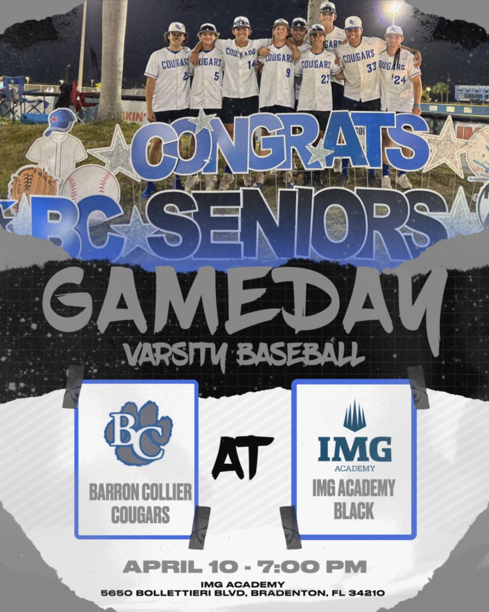 🚨Barron Collier Varsity Baseball 🆚 IMG Academy Black Ascenders 🗓️ April 10 ⏰ 7:00 PM 📍 IMG Academy