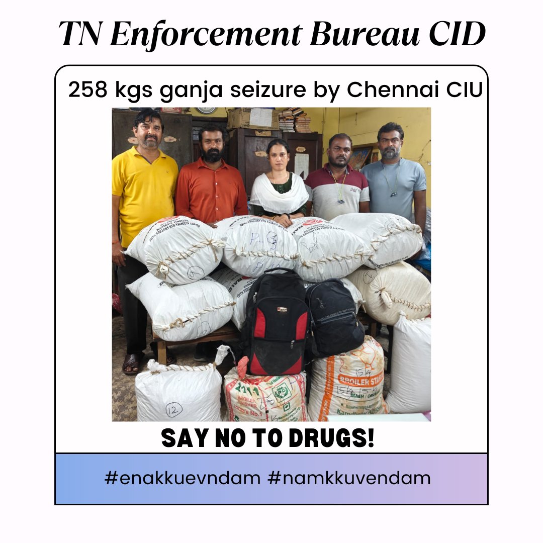 Chennai CIU Zone police personnel conducted ganja raid at Puthagaram, Chennai  and seized 258 kgs ganja from two accused who were then arrested.
<a href="/tnpoliceoffl/">Tamil Nadu Police</a> <a href="/drugfreetn/">enforcementbureautn</a> 
#10581 #tnprohibition