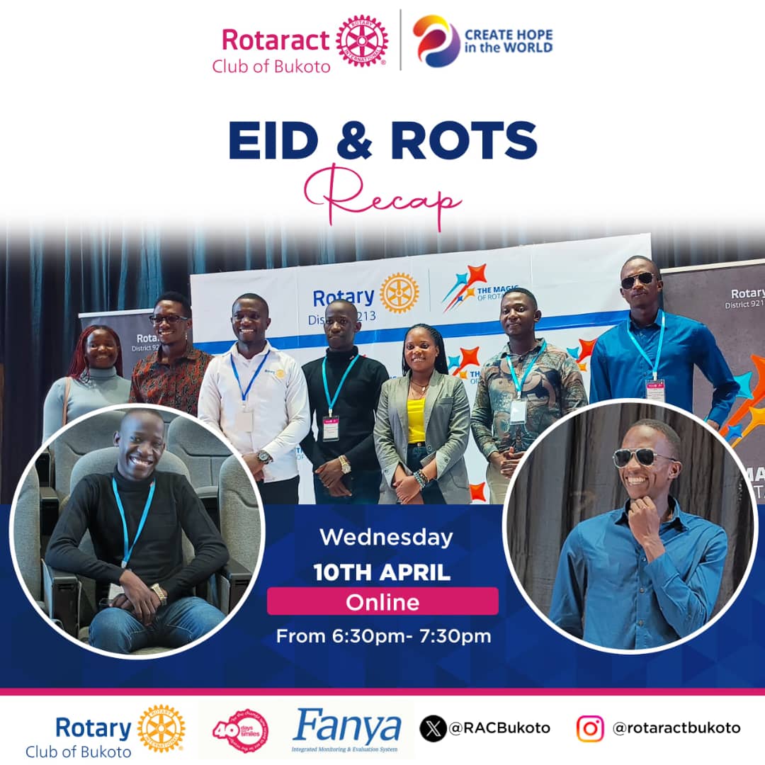 'Join us today Wednesday at 6:30-7:30pm for a special Eid and Rots recap online fellowship!.✌️✌️ Connect with us as we come together to commemorate Eid and reflect on the lessons learnt in the Rotaract officers Training📝📝 - see you there!'@KihumuroLotson @Pius_O_Theo