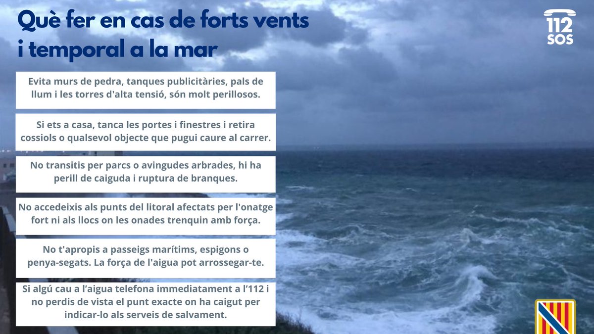 ⚠️Actualització de les alertes per meteorologia adversa: 🟠 IG1 per fenòmens costaners a Menorca. 🟡 IG0 per fenòmens costaners a Mallorca. 🟡 IG0 per forts vents a Menorca. MOLTA PRECAUCIÓ! 👉Segueix aquests consells🔽