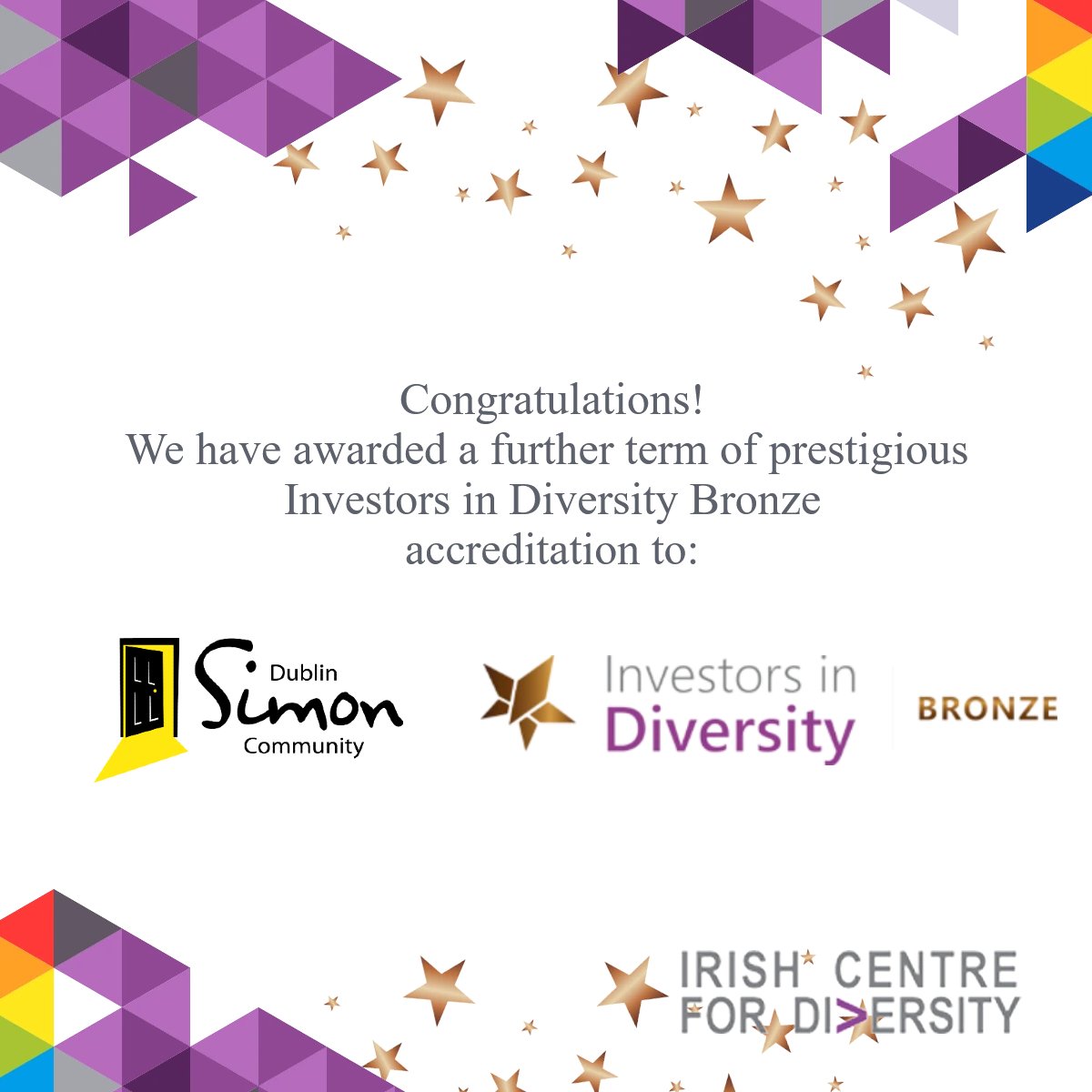 Congrats! @Dublin_Simon working to prevent & address homelessness, has been presented with a further term of #InvestorsinDiversity Bronze - Ireland’s premier #DiversityandInclusion accreditation. We look forward to sharing their further progress #CelebrateDiversity