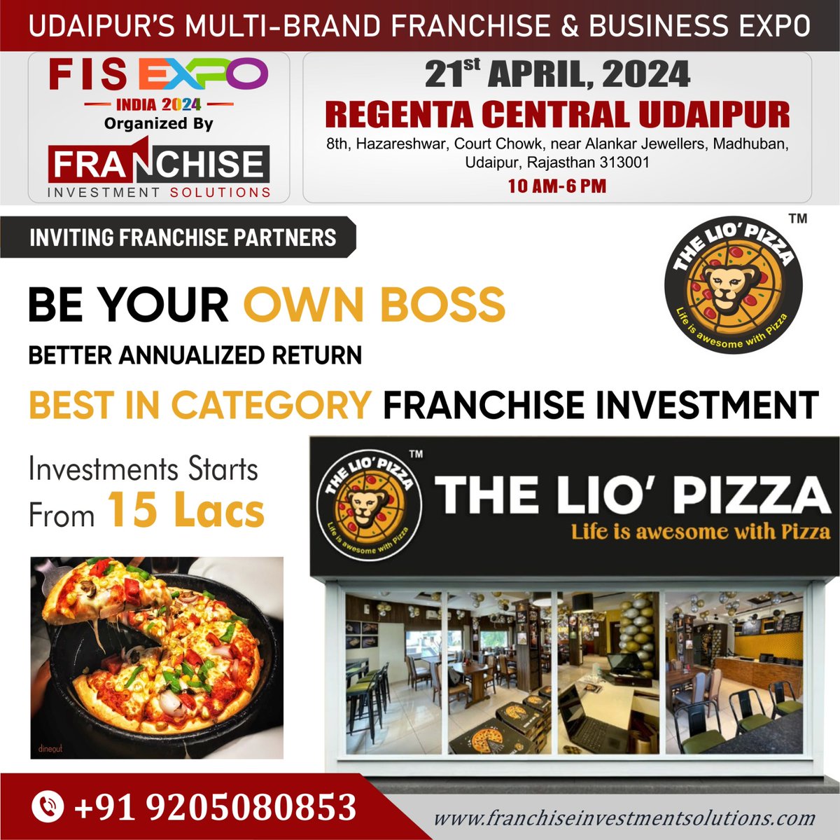 The Lio' Pizza Inviting #FranchisePartners A Leading & Emerging Pizza Destination of India, Yummiest #Pizza which you will love it always!
✔𝗠𝗘𝗘𝗧 𝗨𝗦 𝗔𝗧 #𝗨𝗗𝗔𝗜𝗣𝗨𝗥 #𝗙𝗥𝗔𝗡𝗖𝗛𝗜𝗦𝗘𝗘𝗫𝗣𝗢
👉21st April'24
👉10.00 AM - 6.00 PM
👉Regenta Central Udaipur