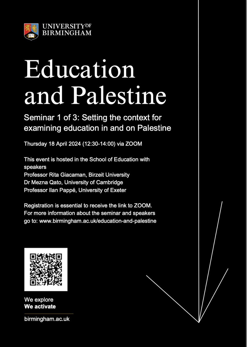 Education and Palestine: A series of online seminars critically examining education in and on Palestine will be hosted in the School of Education over the coming weeks. The 1st seminar is on Thurs 18th April, 12.30. Open to all, registration required at birmingham.ac.uk/education-and-…