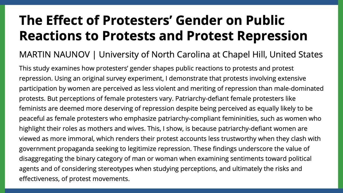 How does protesters’ gender shapes public reactions to protests & protest repression? @NotLipset demonstrates female-dominated protests are perceived as less violent and meriting of repression, but perceptions of female protesters vary. #APSRFirstView ow.ly/gW8I50R1JuY
