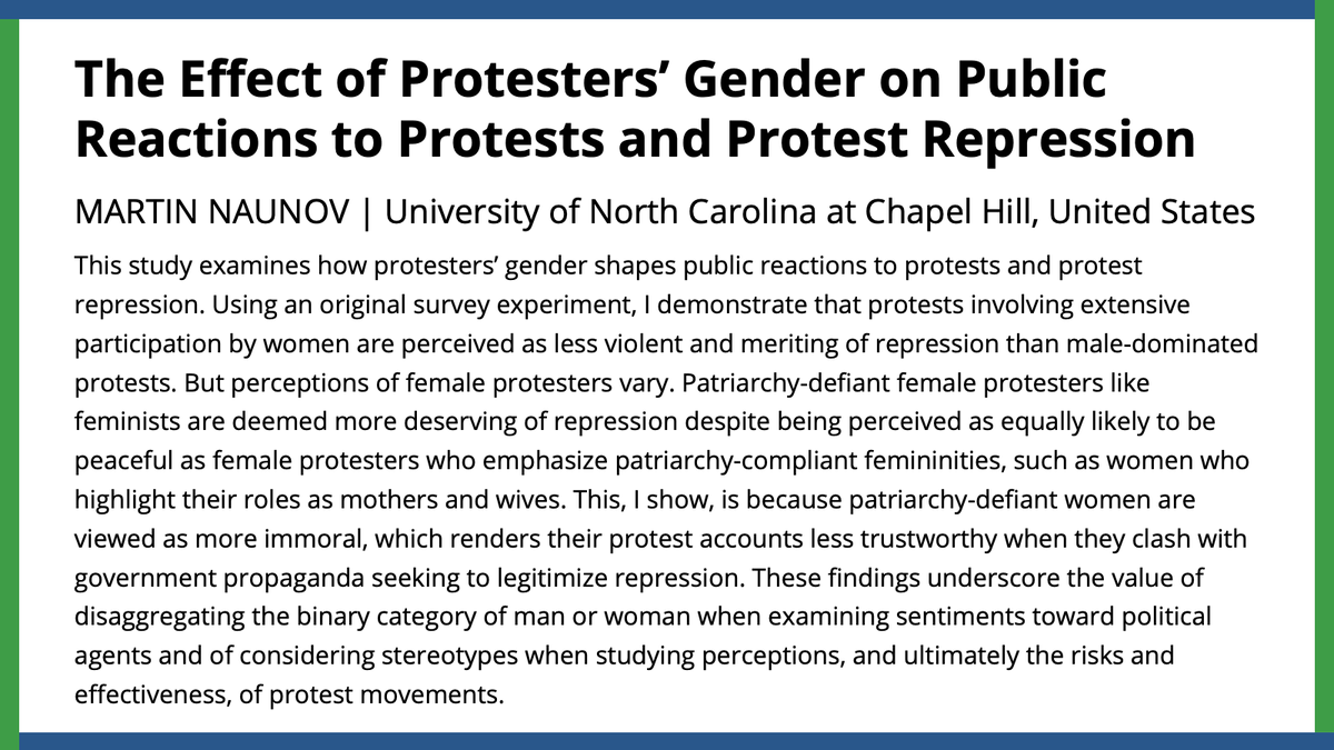 apsrjournal's tweet photo. How does protesters’ gender shapes public reactions to protests &amp; protest repression? @NotLipset demonstrates female-dominated protests are perceived as less violent and meriting of repression, but perceptions of female protesters vary.
#APSRFirstView
https://t.co/2ZHf29nPhL https://t.co/kQtSR0E5cc