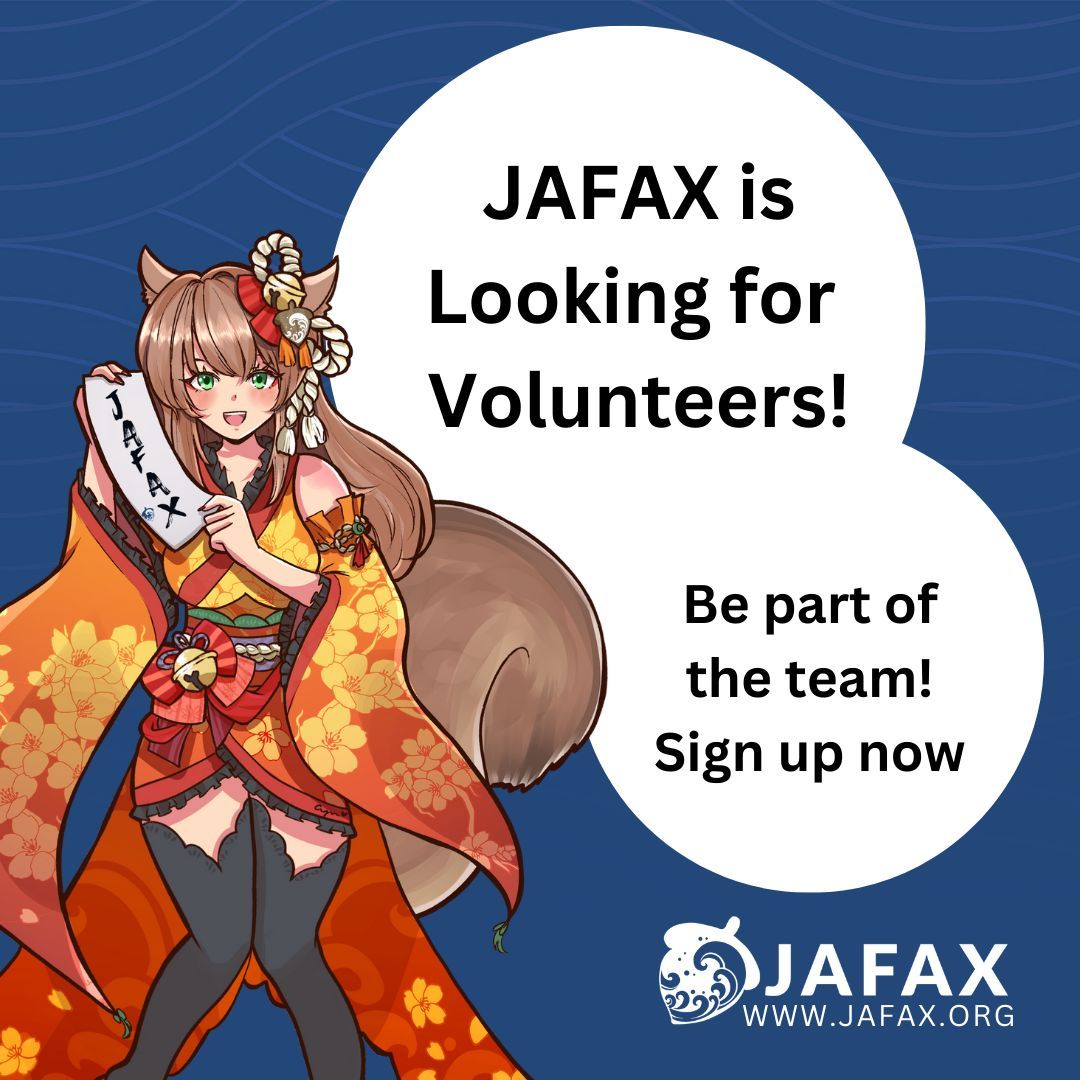 Join the JAFAX Volunteer team! We're gearing up for a great convention and we need YOU to make it a success! Have fun, make friends, and enjoy some great perks! Sign up on our website! buff.ly/3SzdjYK 

#VolunteerWithUs #JapaneseCulture #AnimeConventionMagic #JAFAX