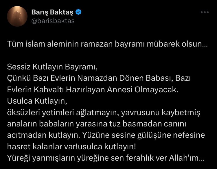 bugün bayram benim ise yasım namazdan dönen ellini öpüp sarılıp sarmalayacağım bir babam yoktu babamsız ilk bayramım😔 bir kez iyi ki seni yüreği güzel insan bizleri düşündüğün için çok teşekkür ederim 🙏🏻🤍 #BarışBaktaş