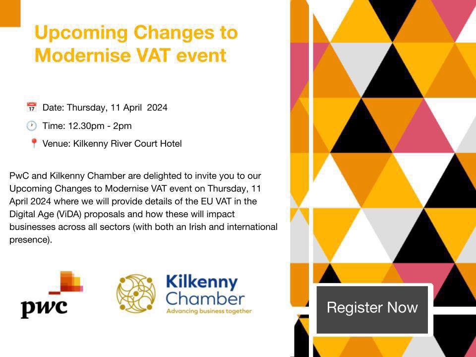 LIMITED SPACES!! This event is taking place tomorrow Thursday 11th April from 12.30pm - 2pm. We will provide details of the EU VAT in the Digital Age (ViDA) proposals. Register lnkd.in/e6x-ZMbK #VATevent #kilkennychamber #modernisevatevent #digitalage