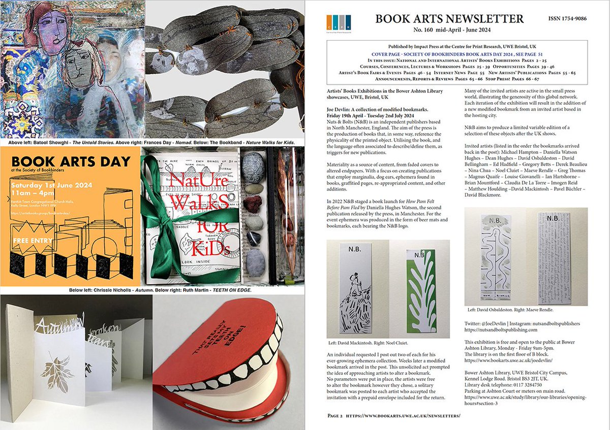 The latest Book Arts Newsletter No 160, mid-April - June 2024 is now ready for free download at: bookarts.uwe.ac.uk/newsletters/ 67pp of artists' books news. Cover artist: @SoBLandS Society of Bookbinders BOOK ARTS DAY 2024. Featured exhibition: @JoeDevlin Next deadline: 20th June 2024.