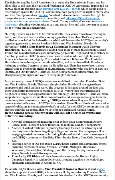 New this AM: Biden campaign launching 'Out for Biden-Harris,' coalition targeting LGBTQ+ voters. In the coming weeks, campaign will have organizing calls & virtual trainings featuring actor Wilson Cruz, Drag Race Star Brita Filter, VA State Senator Danica Roem, and others.