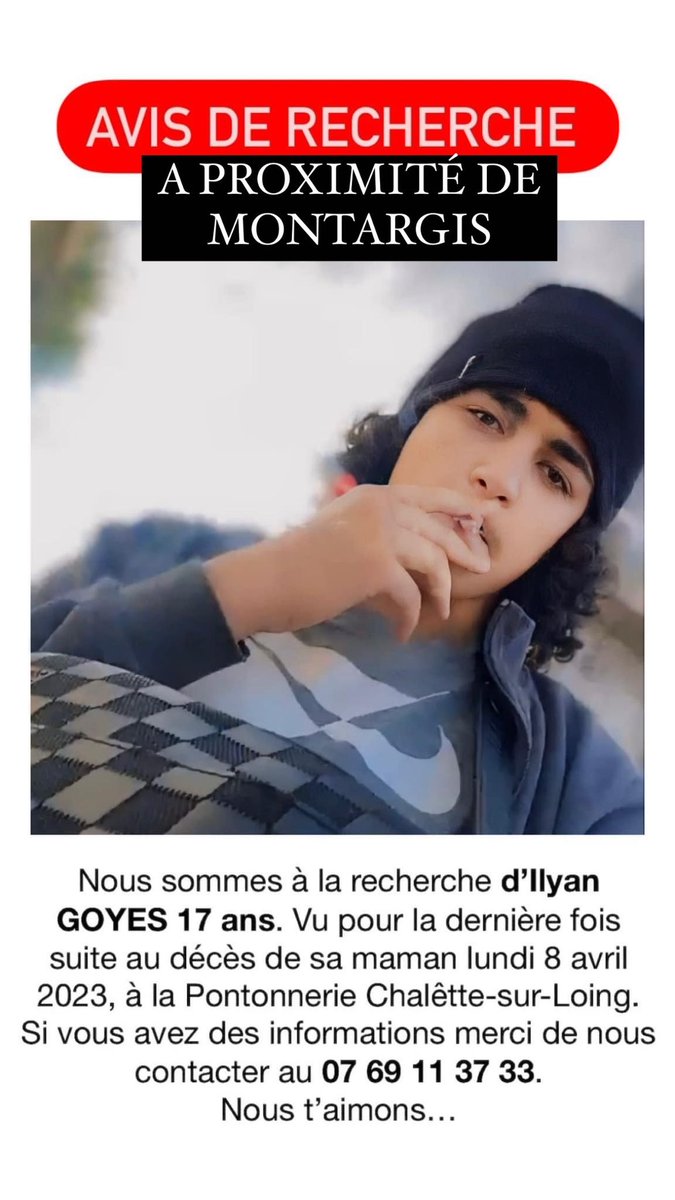 ⚠️Bonjour Twitter, j’ai besoin de vous.⚠️ Mon neveu Ilyan de 17 ans a DISPARU depuis qu’il a retrouver sa maman décédée il y a plusieurs jours. Il serait dans le secteur de Montargis dans le 45 mais reste introuvable et injoignable.