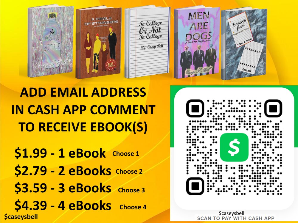 Send $ to $caseysbell and add your email address to cash app comment and receive eBook(s) in your email

#bookstoreadbtr #reading #lovetoread  #bookaholic #bookoasis #bookaddict #books #bookworm #booknerd #readingcommunity #readers #readercommunity #readingbooks #booklovers