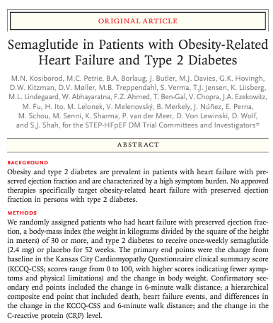Semaglutide is effective for obesity-related heart failure with preserved ejection fraction and type 2 diabetes. #HFpEF nejm.org/doi/full/10.10…