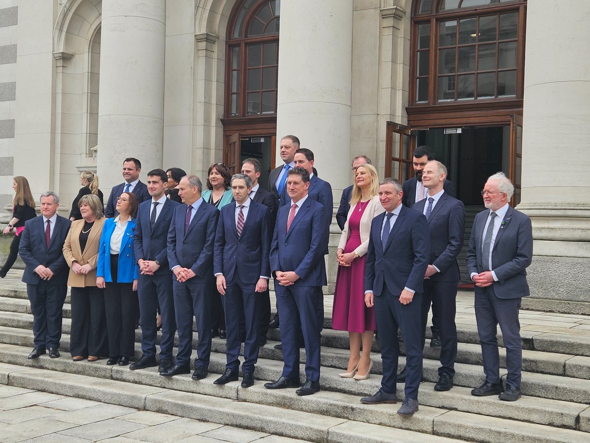 Taoiseach Harris and the coalition leaders show off their team of junior ministers after a mini reshuffle.