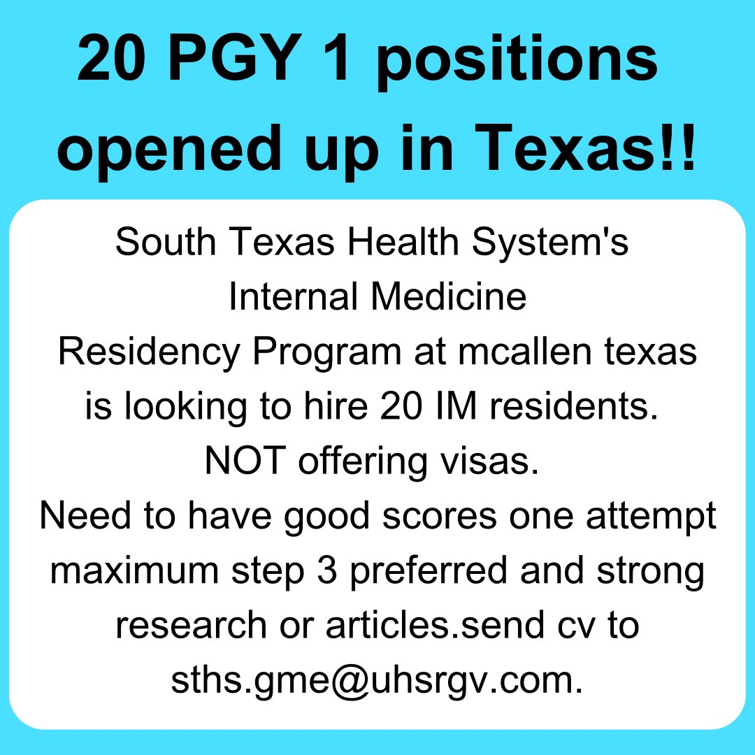 20 PGY 1 positions opened up in Texas! Great opportunity for those that don’t require visa!!