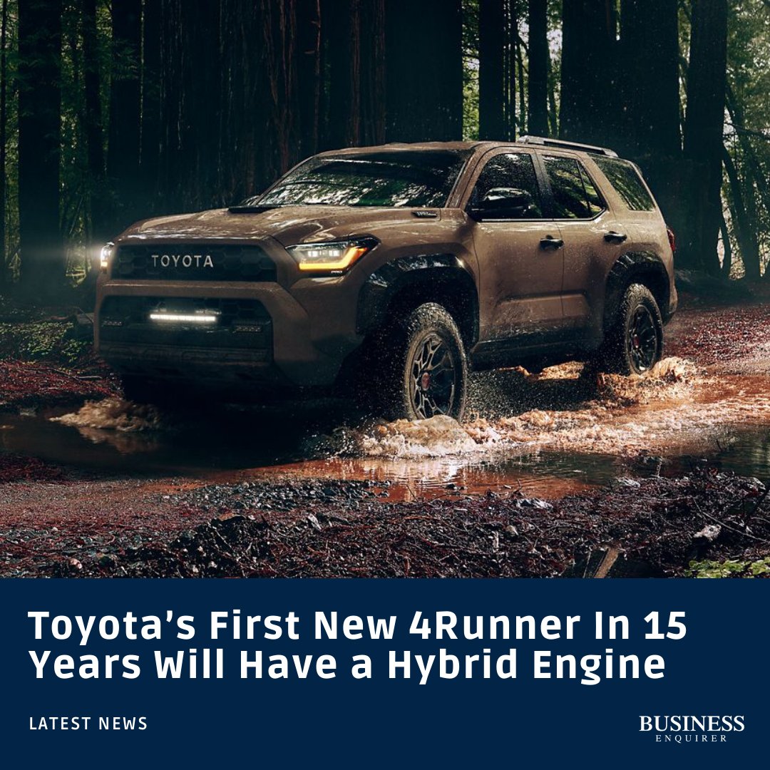 busenqmedia's tweet photo. Toyota has unveiled its first new 4Runner SUV in nearly 15 years, completing a recent redesign of its trucks and SUV lineup. the 2025 4Runner, sporting a design akin to the Toyota Tacoma pickup, now offers a hybrid engine option, a first for the model.

New upscale trims like "Platinum and "trailhunter" are also introduced. Dave Christ, Toyota's group vice president, praised the vehicles versatility and rugged capability, underscoring its enduring appeal.

With over 3 million 4Runners sold over the past four decades, the introduction of the 2025 model represents a significant milestone in the evolution of this iconic adventure vehicle.

#businessenquirer #bemedia #toyota4runner #2025model #toyotatacomadesign
