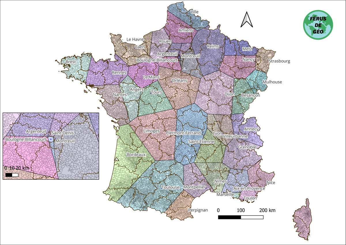 #GéoMap : Carte des communes les plus proches de celles de plus de 100 000 habitants (au dernier recensement) en France métropolitaine (distance à vol d'oiseau) #GéoDémo