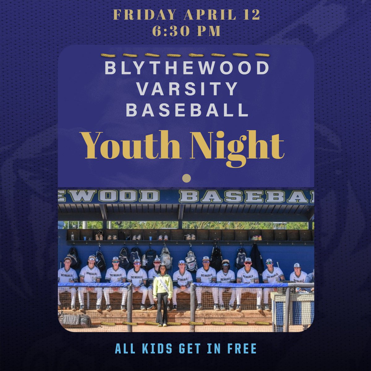 Join us for Youth Night at Bengal Park this Friday April 12. All kids are FREE. First PItch at 6:30 pm . See you at the Park!