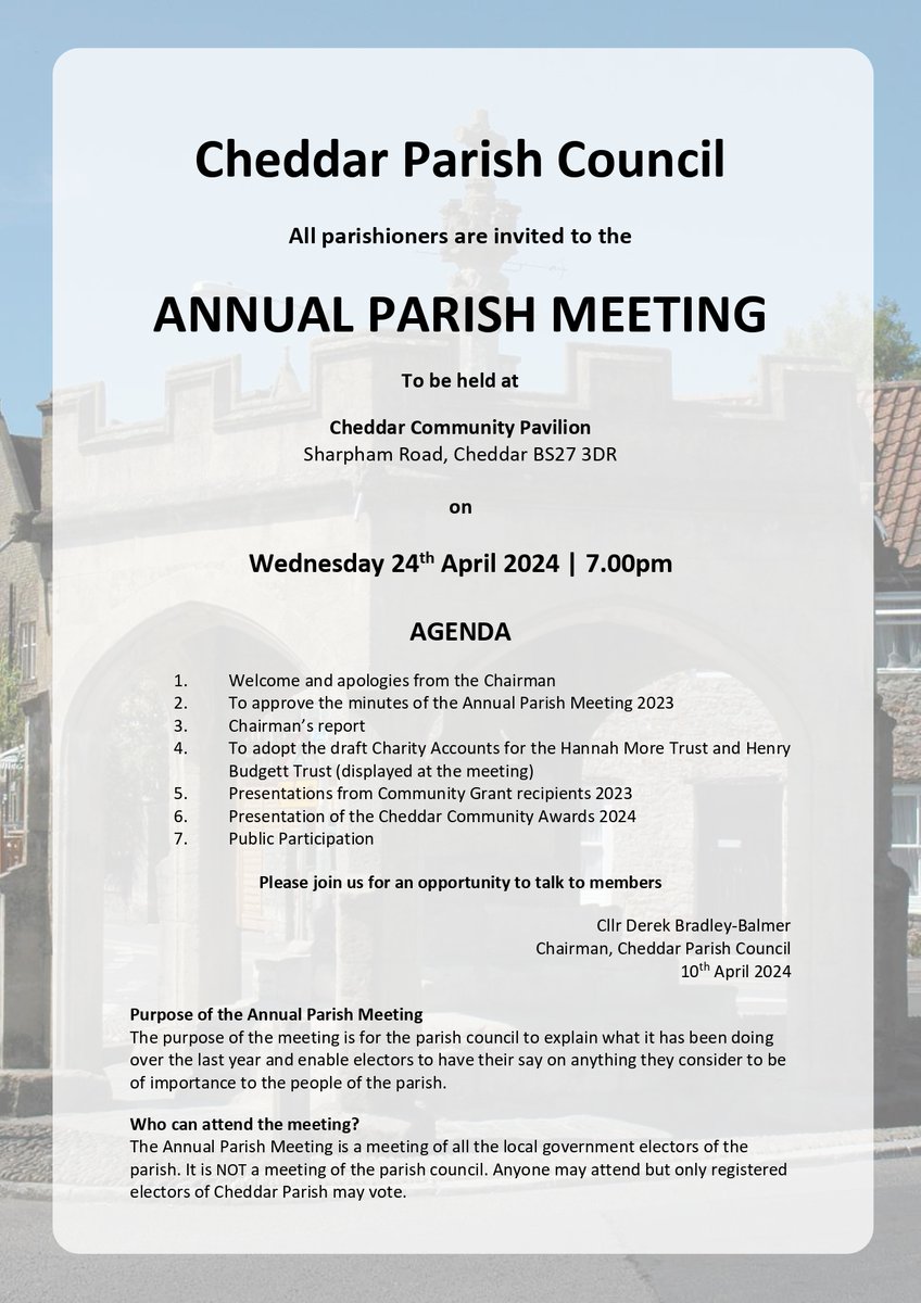 Cheddar Community Pavilion will be the venue for this year's Annual Parish Meeting on Wednesday 24th April from 7pm. Last years Community Grant recipients will be in attendance providing an update on their projects.