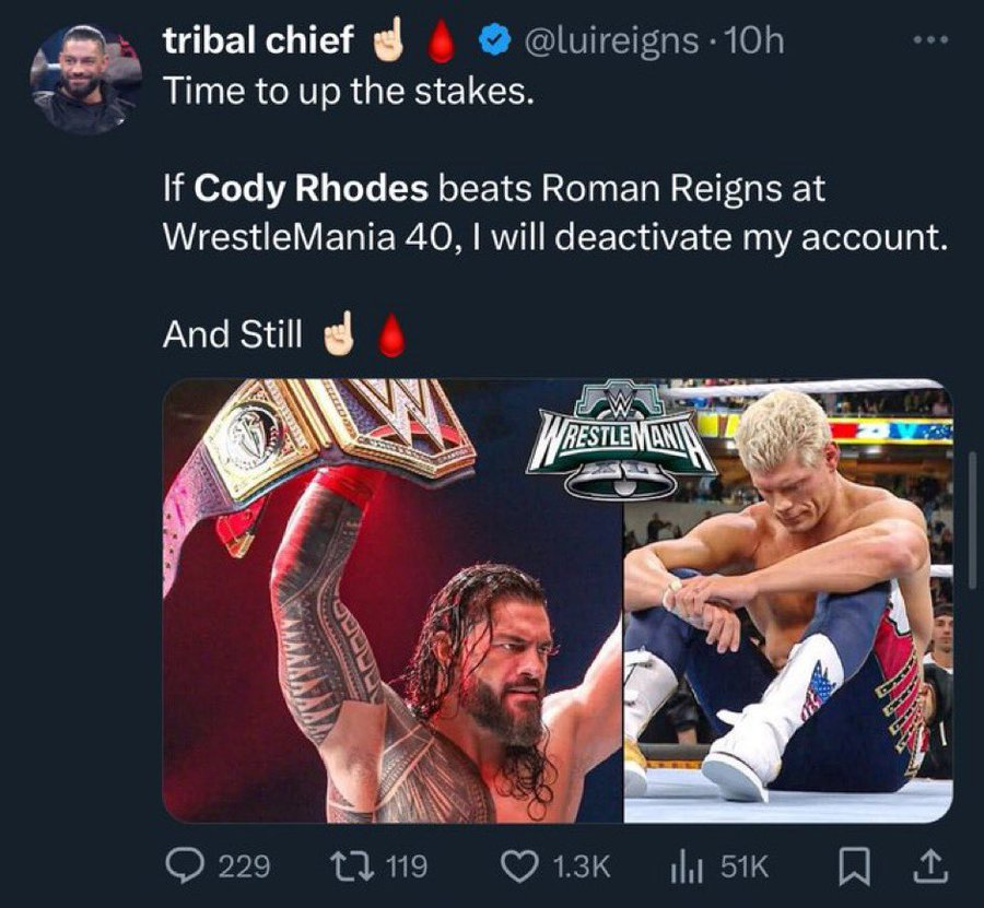 MarcileeW's tweet photo. If you ever wanted to know how you can't take anything @luireigns says seriously about Roman or Cody or ANYTHING. Just remember he promised to deactivate his account if Cody Rhodes won, and instead of doing so he is still crying like he expected Mama Rhodes to. https://t.co/FVcJjbNdPX