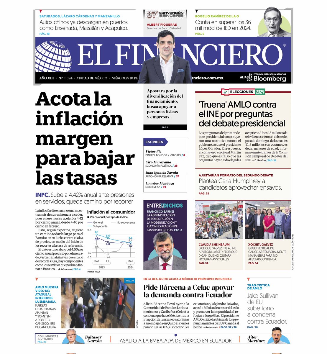 #EFContigo | ¡#FelizMiércoles! Hoy, #EnPortadaEF destacamos: 📍Acota la #inflación margen para bajar las tasas. 📍'Truena' #AMLO contra el INE por el #DebateINE. 📍Pide Alicia Bárcena a Celac apoyar demanda contra Ecuador. Más noticias. 👉 bit.ly/3s3Txbr