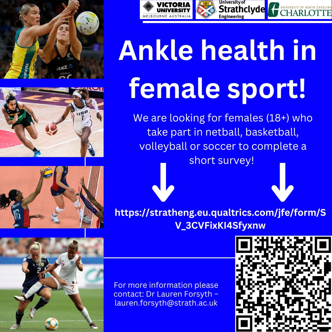 12 DAYS LEFT!!

Our survey is only live for another 12 days.

If you are female and play netball, soccer, basketball, or volleyball at any level please click the link:

stratheng.eu.qualtrics.com/jfe/form/SV_3C…

Please RT and share!

#ankle #anklehealth #anklesprain #ankleinstability #womenssport