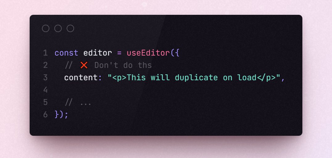 How to set your default Tiptap state in @liveblocks. Yjs doesn't allow you to set an initial document state, and if you try to set it in Tiptap, you'll find your document gets duplicated when it loads. However, there's a way around this.