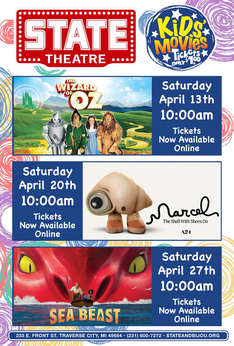 Here are all the Saturday kid’s movies for the month of April at your #nonprofit #StateTheatreTC. Tickets are only $1.00!