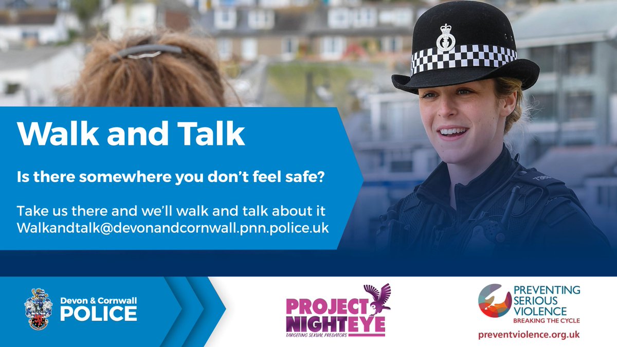 🚶‍♀️🚨 Women 18+ in Truro and Falmouth - share your thoughts on women’s safety! If you feel unsafe somewhere, reach out to @DC_Police for a walk and talk with a female officer. Email your name, address, contact and area to Walkandtalk@devonandcornwall.pnn.police.uk