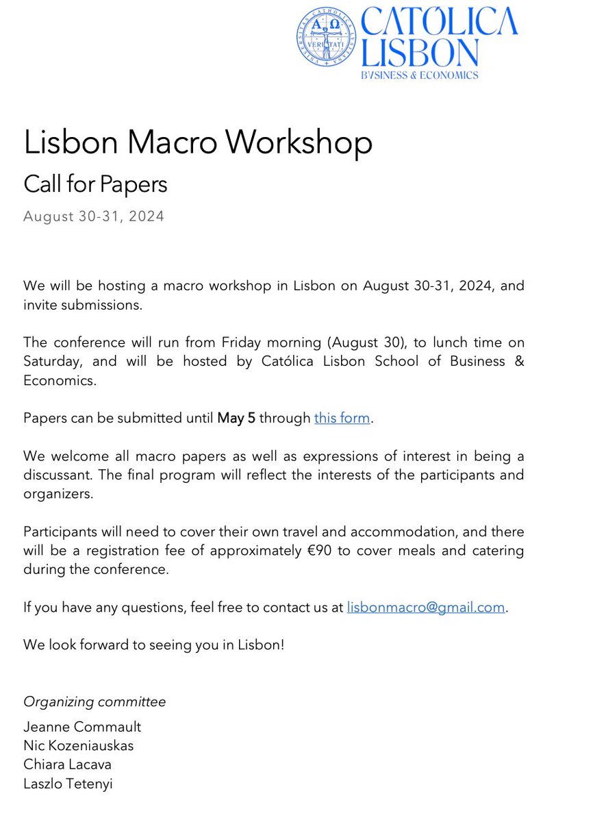 📢 Exciting news! 📢 🌟 Join us for the 3rd edition of the Lisbon Macro Workshop on August 30-31! 📝 Submit your paper by May 5 using this form jx.ax/3Wi Spread the word to anyone interested! See you in Lisbon! 🇵🇹 #EconTwitter