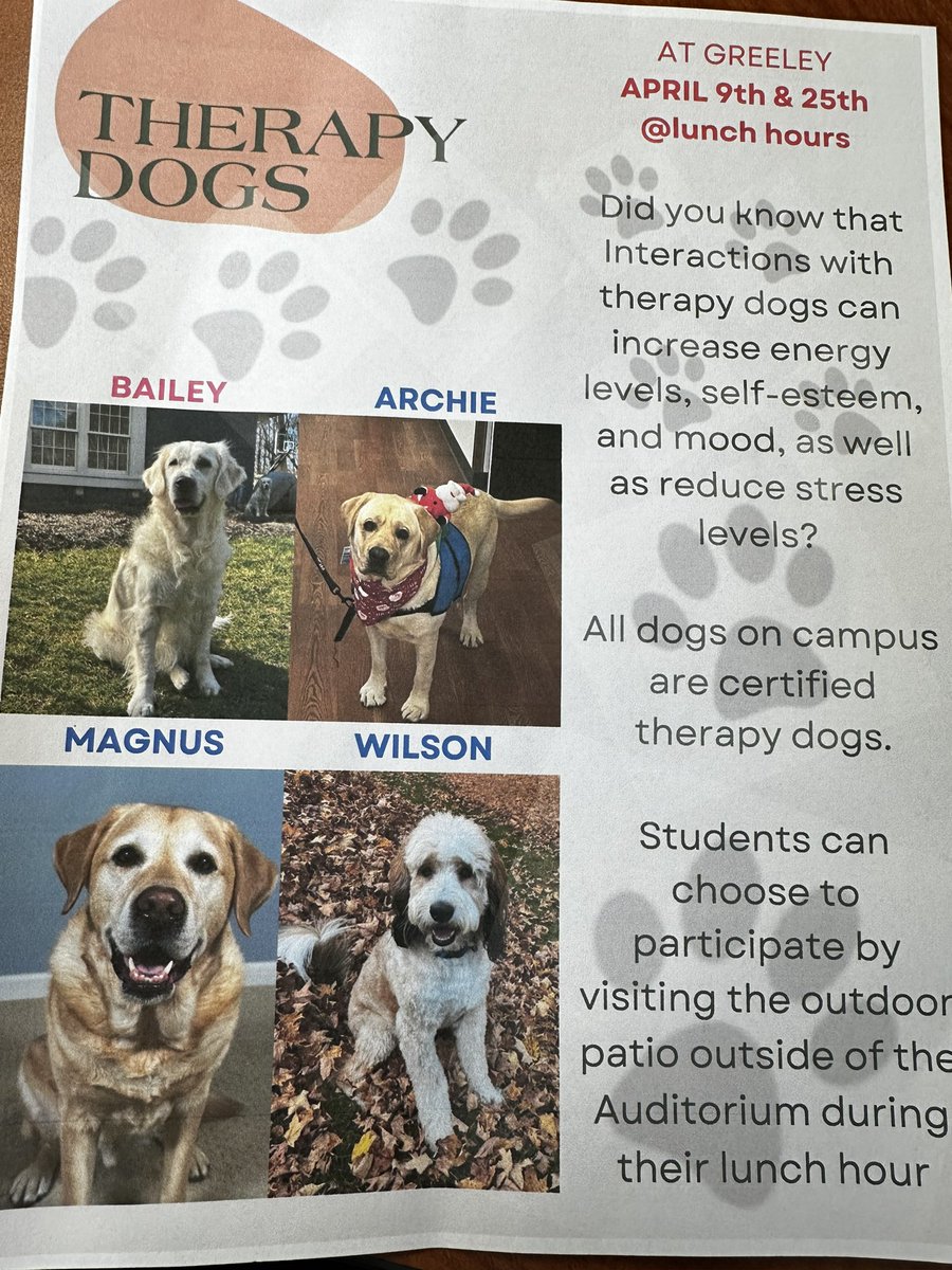 Sending a huge thank you to the Greeley PTA for arranging a visit from therapy dogs Bailey, Archie, Magnus, and Wilson. Today is a perfect day for some much-needed puppy love!