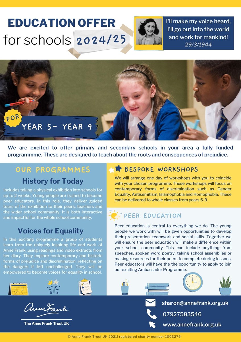 I have a booking slot available for a Yorkshire school (not South) for Mon 29th & Tue 30th April free for a state school for a 2 day workshop Voices for Equality tackling prejudice & through the story of Anne Frank & the Holocaust. Open to students Y5-Y9 max 30 students please RT