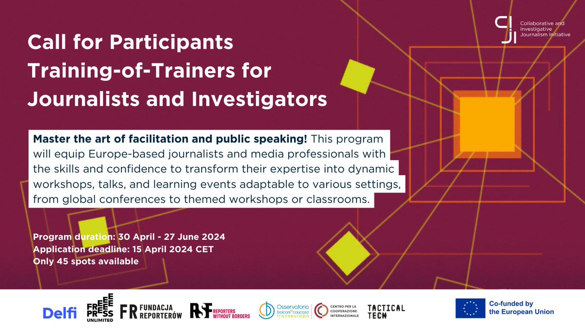 Europe-based journalists & investigators, ready to expand your professional horizons? Apply for this #Training-of-Trainers & gain the skills to become a trainer or a speaker & transform your expertise into dynamic #workshops & #talks. Apply now #CIJI 👉 exposingtheinvisible.org/en/news/call-f…