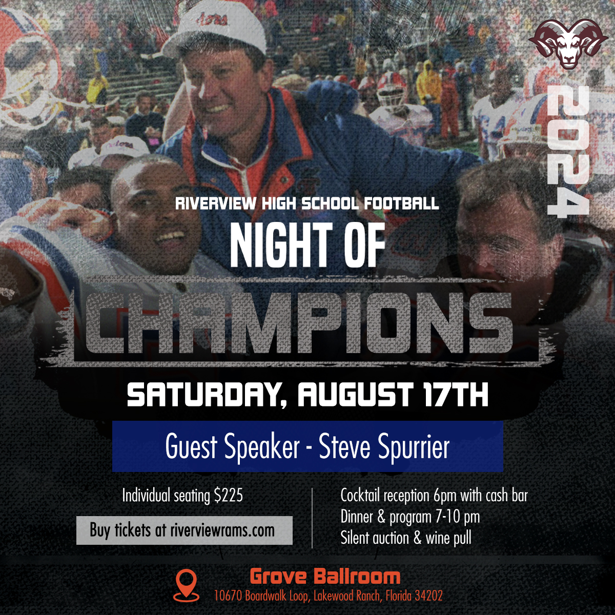 Join us for an unforgettable night with our Night of Champions guest speaker, Steve Spurrier! August 17 at Grove Ballroom in Lakewood Ranch 6pm Cash bar | 7pm Dinner and program | Silent auction and wine pull Tickets: riverviewrams.com/product/night-… Sponsorships: riverviewrams.com/product/night-…