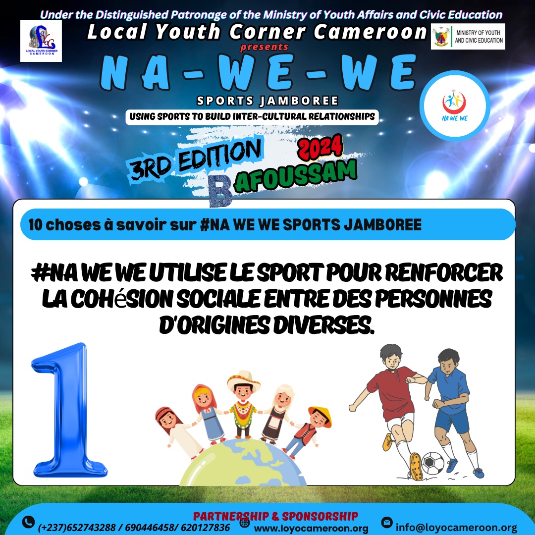 La 3ème édition du #NAWEWE #SportsJamboree se tiendra cette année dans la ville de #Bafoussam de juillet à août 2024. Au cours des prochaines semaines, nous partagerons ce que vous devez savoir sur cette initiative communautaire qui promeut la cohésion sociale. Restez à l'écoute!