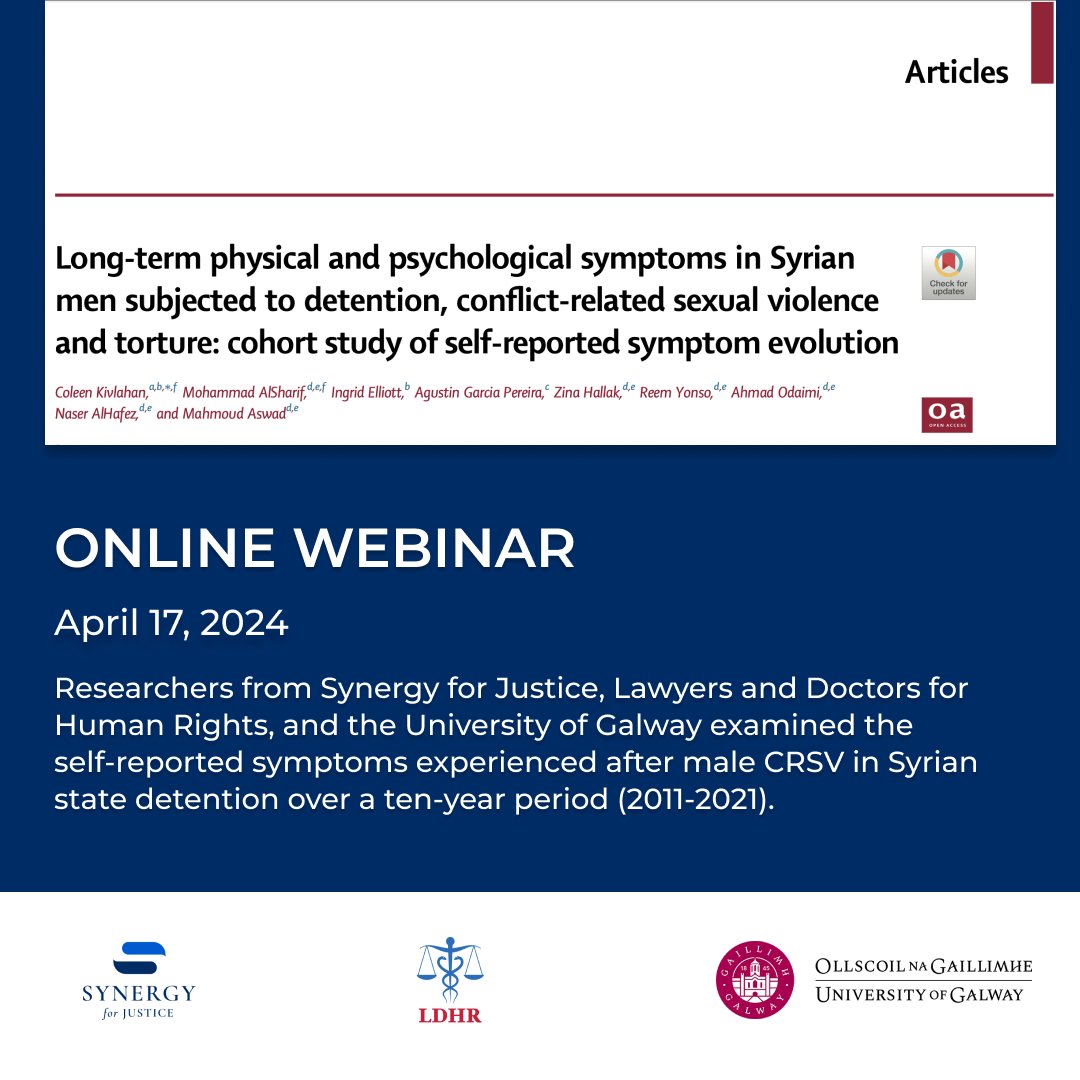 We invite you to join a webinar where Synergy for Justice and LDHR will present a new study Long-term physical and psychological symptoms in Syrian men subjected to detention, conflict-related sexual violence (CRSV), and torture: cohort study of self-reported symptom evolution.