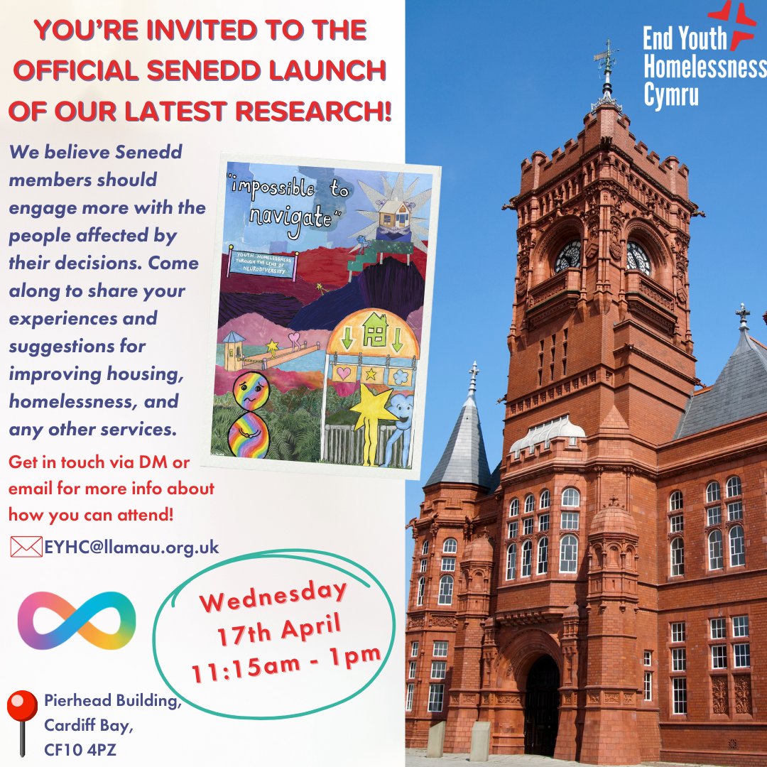 A week today it's the official Senedd launch of our research, 'Impossible to Navigate: Youth Homelessness through the lens of Neurodiversity'! Come along to chat to us, MSs, and the amazing young people who worked on the research about making Wales more neurodiversity-friendly!