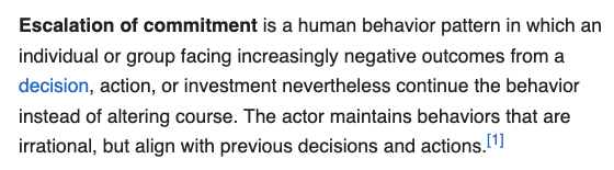 I finally found the term that describes, the personal automobile death rates, car pollution and how the highway widening industrial complex operates It's called 'Escalation of commitment' @NYC_SafeStreets @StreetsPAC @StreetsblogUSA @TransAlt @TransAltBX_Up @NYC_DOTr @Zer0Enigma