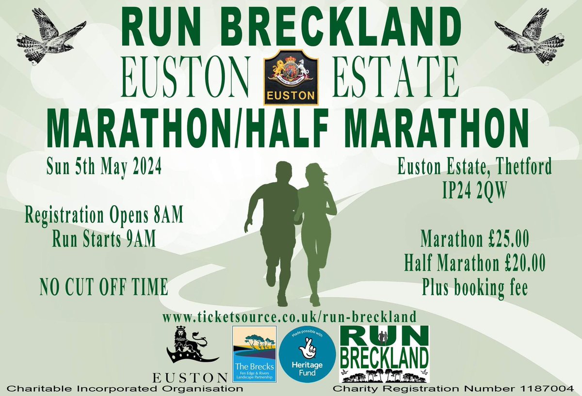 This is a marathon/half marathon taking place on the Euston Estate in Suffolk on Sunday 5 May.
More info and bookings here:- ticketsource.co.uk/run-breckland
#marathon #halfmarathon