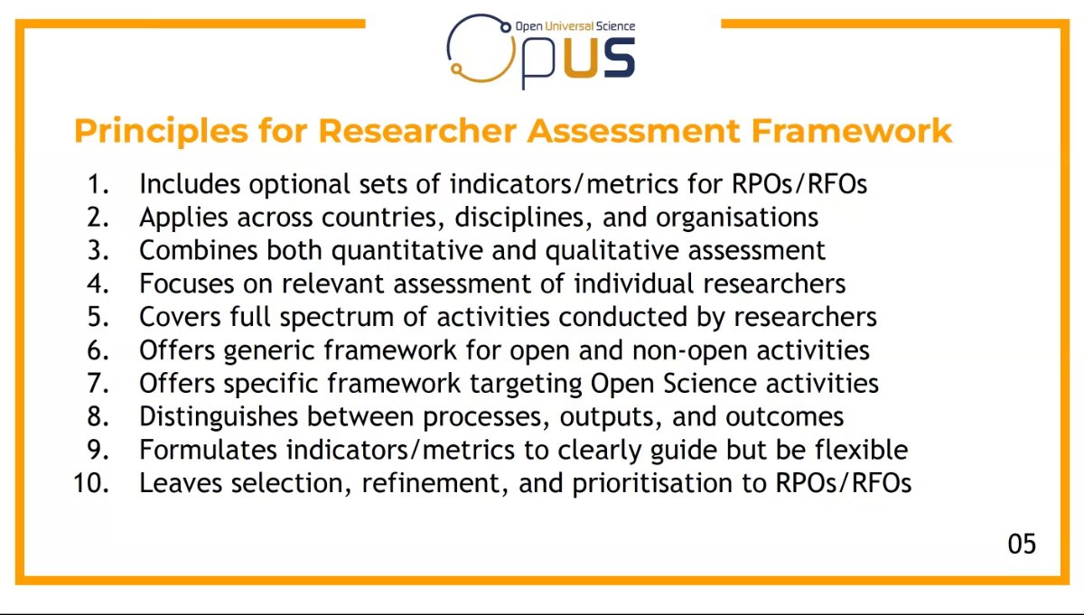 Principles for researcher assessment frameworks from the Opus project.