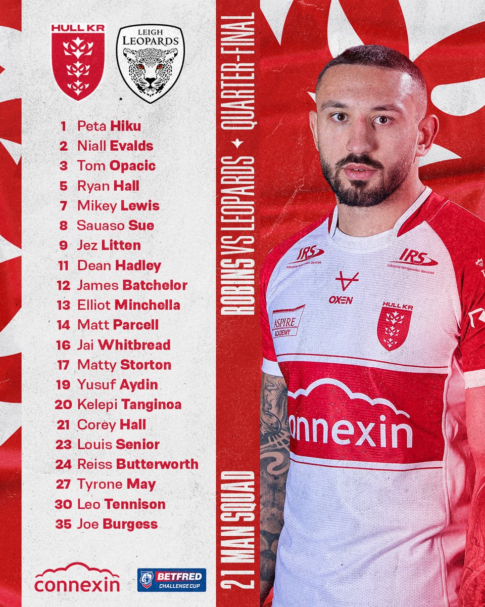 Our 21-man squad for this Saturday's Betfred Challenge Cup Quarter-Final is 🔐 in! #UpTheRobins 🔴⚪️