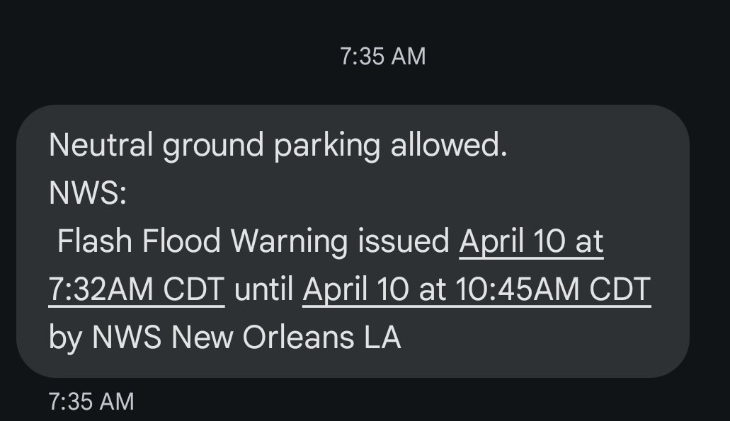 Weather serious enough for @CityOfNOLA to close City Hall last night, but @nolaready waits till 735am when it's storming and an inch of rain in the streets to allow neutral ground parking.