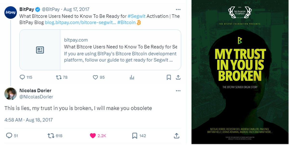 Who still remembers that old tweet from BitPay back in 2017? And the epic response from @NicolasDorier? This April, thanks to @WebWorthy and his new film we can dig deeper into this story. MY TRUST IN YOU IS BROKEN 📽️ A @BtcpayServer documentary ⭐️ #BFF24 19/04, Warsaw, PL