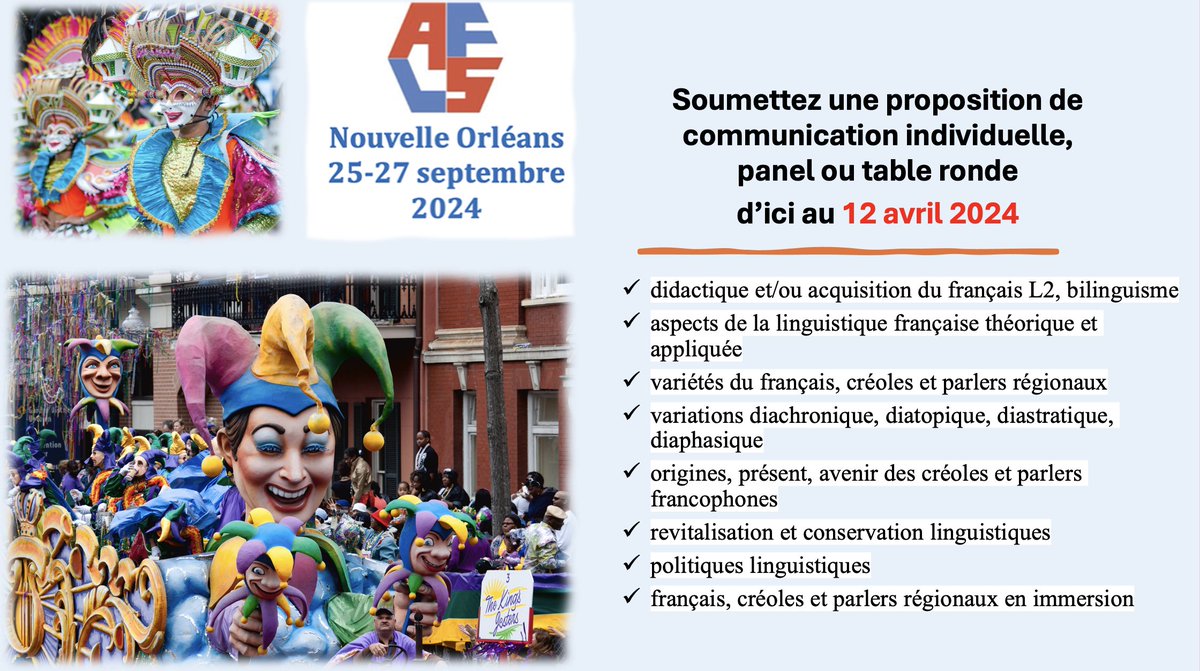Plus que deux jours pour soumettre vos propositions de communication: 
afls2024nola.sciencesconf.org